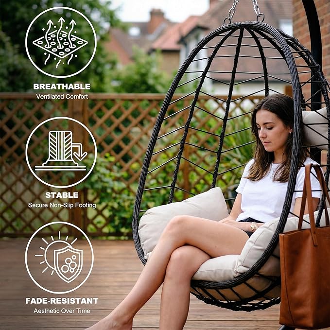 LEX CRAFT Hanging Egg Chair with Stand Swinging Egg Chair Outdoor Indoor Hanging Basket Chair with Cushion Patio Wicker Hammock Chair 350lbs Capacity for Porch Balcony Backyard Garden (Beige1)