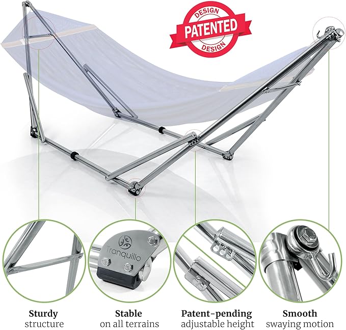 Tranquillo Double Hammock with Stand 650lb Capacity Double Hammock with Spreader Bar Solid Grade 201 Stainless Steel 30s Set Up Sturdy Flexible Hammock Stand Portable (Blue)