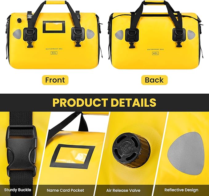 HOMIEE 40L Waterproof Duffel Bag Waterproof Motorcycle Dry Trave Bag Tail Bag with Roll Top Closure &amp Shoulder Straps Outer Mesh Zipper Pocket for Camping Kayaking Fishing &amp Traveling