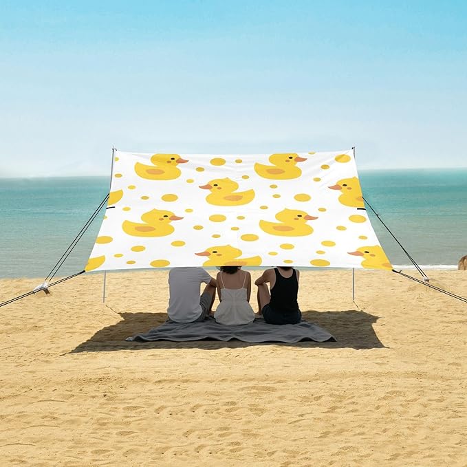 ALAZA Yellow Duck Polka Dot Beach Tent Sun Shelter UPF50+ Protection Beach Shade Canopy w/ 4 Sandbags for Outdoor Camping Fishing Backyard Fun Picnic 10x9 ft