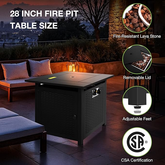 hykolity 28 inch Fire Pit Table 50000 BTU Patio Heater 2 in 1 Outdoor Gas Fire Pit with Removable Lid &amp Lava Stone CSA-Certified for Gas Fire Pit Deck Garden Backyard