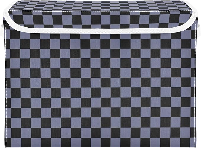 Grey Black Checkerboard Storage Baskets Lidded Bin Foldable Storage Boxes Cubes Lids with 2 Handles for Organizing Closet Home Office