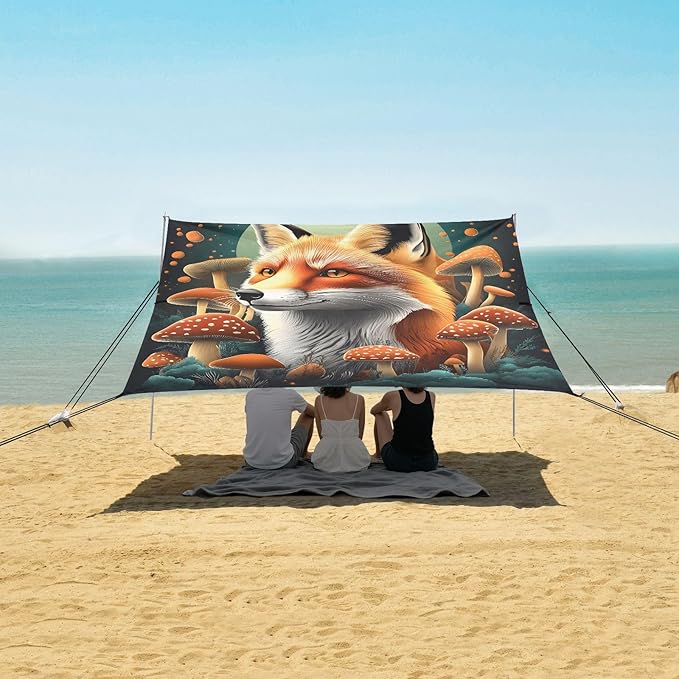 ALAZA Fox with Mushroom Beach Tent Sun Shelter Portable Canopy Sunshade for Outdoor Camping Picnics Backyard Fun 10x9 ft