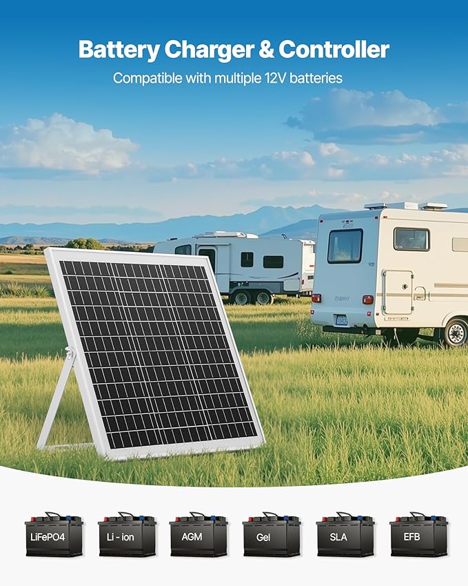 VEVOR 20W 12V Solar Panel Battery Charger Solar Battery Trickle Charger Maintainer with Intelligent MPPT Controller &amp Adjustable Mount Bracket IP67 Waterproof for Car Boat RV Motorcycle Trailer
