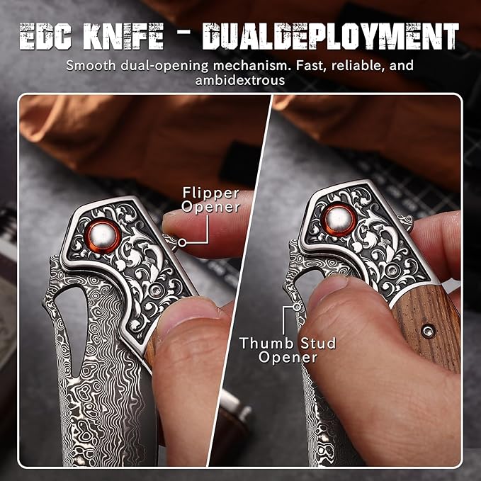Damascus Pocket Knife with Wooden Handle Sharp 3.54 Damascus Steel Blade Folding Knives for EDC Camping Hiking Outdoor Collection