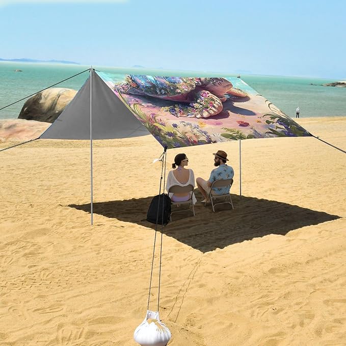 ALAZA Sea Turtle Beach Palm Beach Tent Sun Shelter UPF50+ Protection Beach Shade Canopy w/ 4 Sandbags for Outdoor Camping Fishing Backyard Fun Picnic 10x9 ft