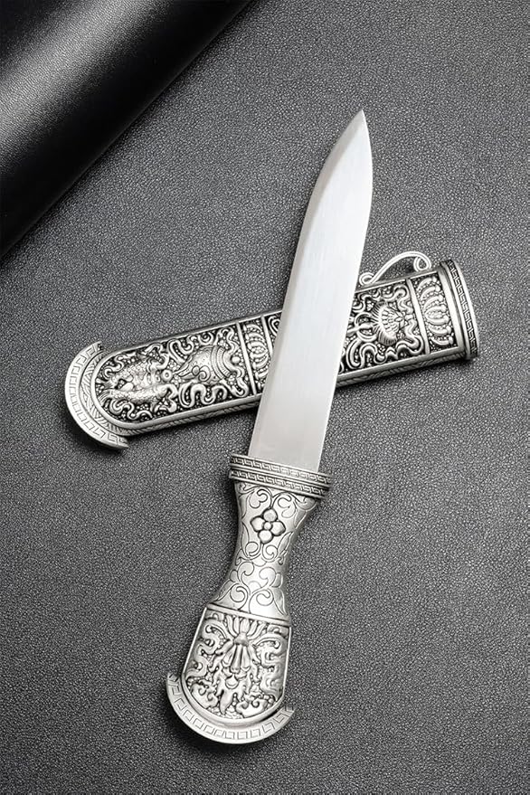Fixed Blade Knife Chinese Tibetan Knife with Ornate Handle Celtic Knot Design Steel Blade with Sheath