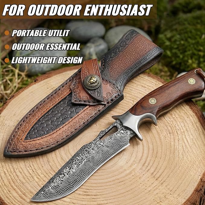 Fixed Blade Hunting Knife with Leather Sheath - 10 Full Tang Stainless Steel Camping Knife with Ergonomic Wood Handle &amp Damascus Pattern - Sharp Outdoor Survival Tool for Hiking Bushcraft Fishi