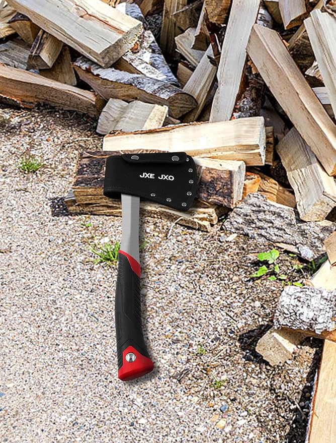 JXE JXO 14.4 Camping Hatchet with Full Tang Forged Construction &amp Ergonomic Shock Absorbing Grip Hatchet Axe with Nylon Sheath (Red