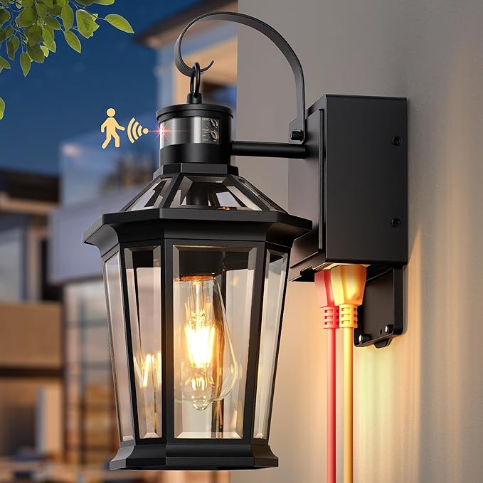 Gleamz Porch Lights Outdoor with GFCI Outlet Black Motion Sensor Light Wall Mount 100% Aluminum Anti-Rust Waterproof Outside Light Fixture for House Patio Garage Adjustable Distance Time 5 Modes