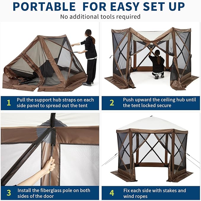 10x10FT Portable Gazebo Tent with Mosquito Netting - Instant Setup Canopy Shelter 6 Sidewalls &amp Carry Bag Stakes for Camping Backyard Lawn Events
