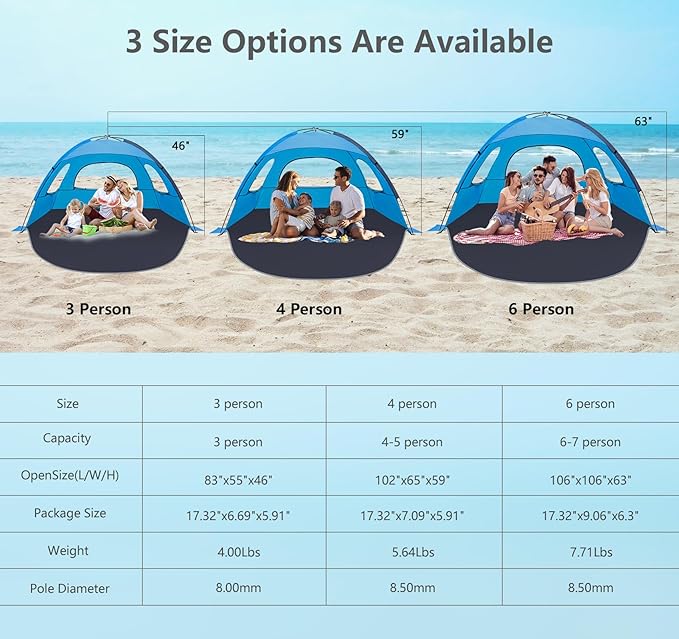NXONE Beach Tent Sun Shelter with UPF 50+ UV Protection Lightweight Easy Setup Portable Beach Canopy for Family Large Space for Beach Camping &amp Outdoor 3/4/6 Person