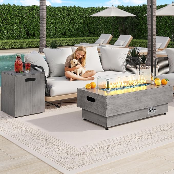IRONCK 43-inch Outdoor Propane Fire Pit Table w Tank Table CSA Certified 2 in 1 Rectangular Patio Fire Pit w Glass Rocks Wind Guard and Cover 50000 BTU Outside Heater for Pool Vintage Gray