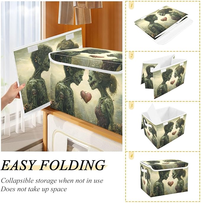 AIXIWAWA Lidded Storage Cube (Love Zombie) Fabric Foldable Closet Bins with Flip Lid and Handles Organizer Basket Container 16.5 x 12.6 x 11.8 IN