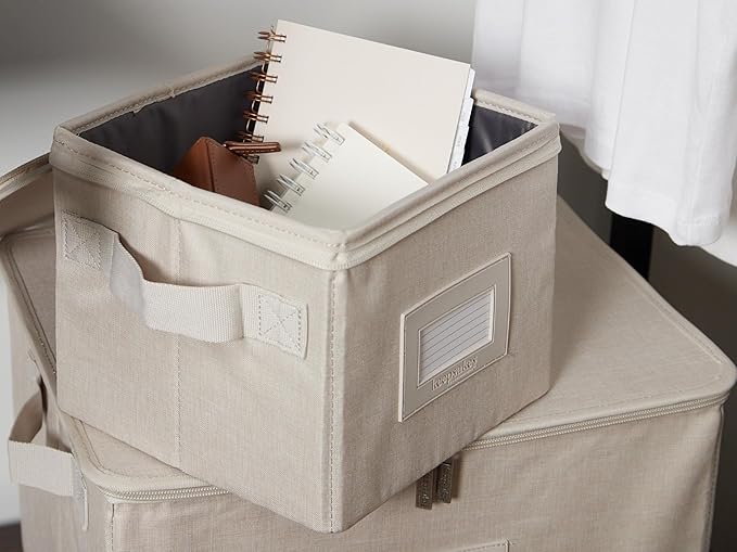 Covermates Keepsakes Zip-Top Storage Box Set 3 Pack Heavy Duty Polyester Organizer Bins Stackable Design ID Window Reinforced Handles Closet Home Storage Beige Heather