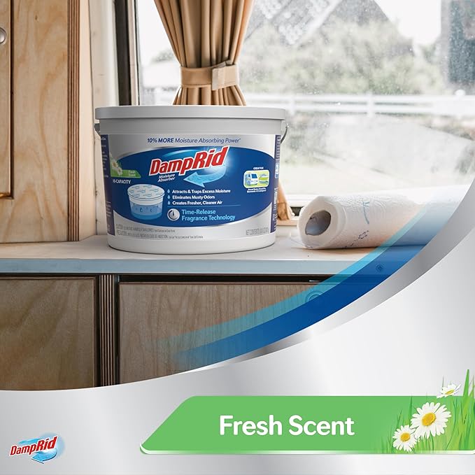 DampRid Hi-Capacity Moisture Absorber Bucket Fresh Scent 2 lb. 15.5 oz. &amp Moisture Detection Strip (2 Pack) Attracts &amp Traps Excess Moisture