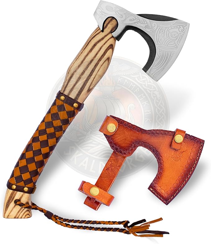 Custom Forged Carbon Steel Viking Style Bearded Axe - Real Hatchet Throwing &amp Camping Axe with Leather Wrap Best Gift for Anniversary Valentine's Day Birthday with Leather Sheath