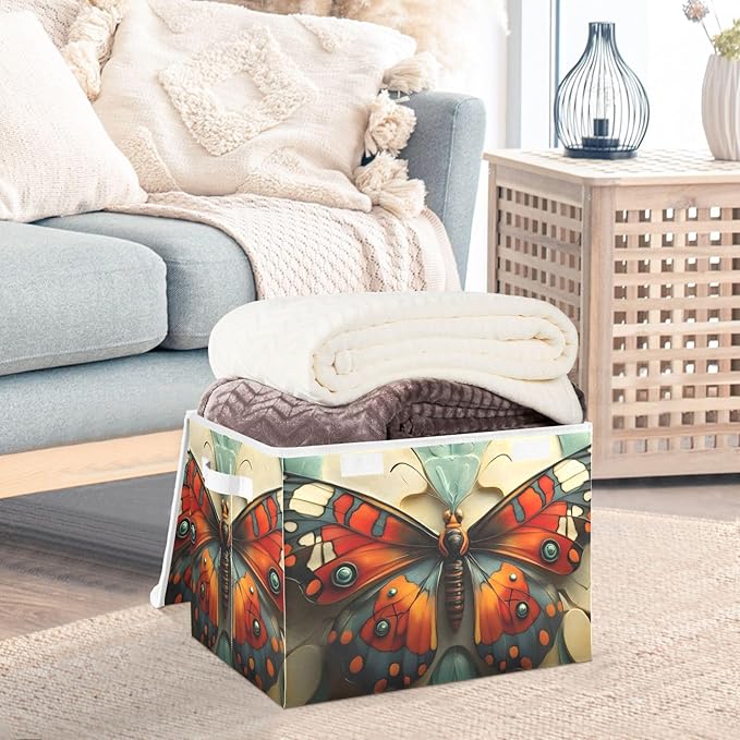 AIXIWAWA Lidded Storage Cube (Butterfly Artwork) Fabric Foldable Closet Bins with Flip Lid and Handles Organizer Basket Container 16.5 x 12.6 x 11.8 IN
