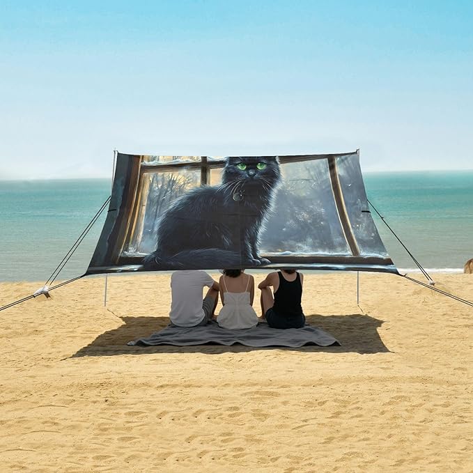 Black Cat Beside Windowsill Beach Tent Sun Shelter Set UPF50+ UV Protection 10.5 x 9.19 FT Camping Shade Canopy with Sandbags Sand Anchors Carrying Bag and Others