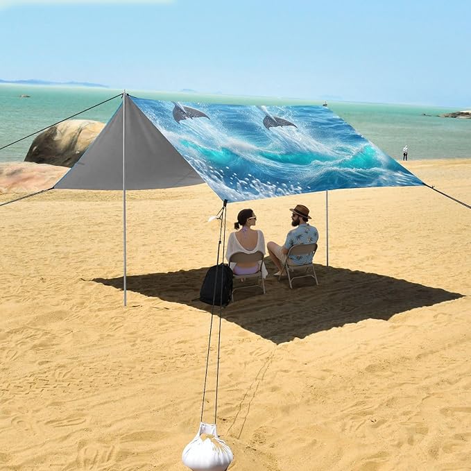Sea Jumping Dolphins Beach Tent Sun Shelter Set UPF50+ UV Protection 10.5 x 9.19 FT Camping Shade Canopy with Sandbags Sand Anchors Carrying Bag and Others