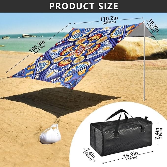 Mexican Ceramic Tile Beach Tent Sun Shelter Set UPF50+ UV Protection 10.5 x 9.19 FT Camping Shade Canopy with Sandbags Sand Anchors Carrying Bag and Others