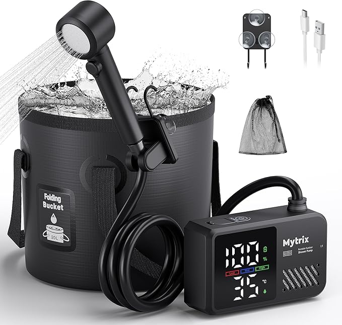 Mytrix Portable Camping Shower Pump with Foldable Bucket 10L/Min High Flow 7800mAh Rechargeable Battery 4 Spray Modes IPX8 Waterproof Outdoor Shower for Hiking Travel &amp Pets