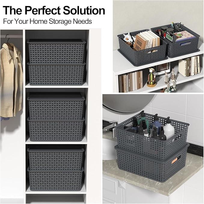 Gray Plastic Storage Basket Bins with Lid 6-Pack Stackable Baskets with Lid 14.05 x 11.65 x 5.31