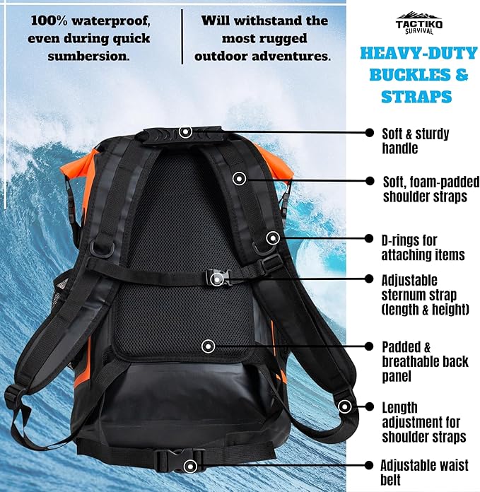 Tactiko 30L 100% Waterproof Backpack &amp 2L Splashproof Tarpaulin Zipper Pouch - Roll Top Dry Bag for Watersports &amp Travel Bag - Protection from Water Mud Sand Outdoor Camping (Orange)