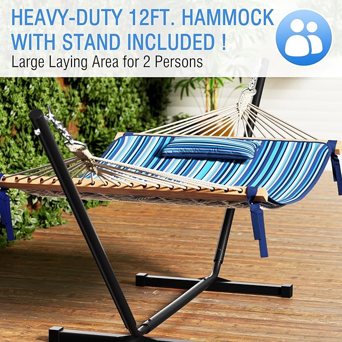 MUPATER 12FT Double Hammock with Stand Included 2 Person Outdoor Quilted Hammock with Stand Rope with Pad and Pillow para adultos Striped Blue
