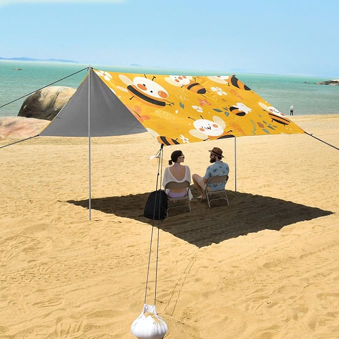 Sweet Honey Pattern Cute Bees Happy Beach Tent &amp Canopy UPF50+ Protection Waterproof Large Portable Sun Shelter with Carrying Bag for Family Trips Picnics &amp Camping