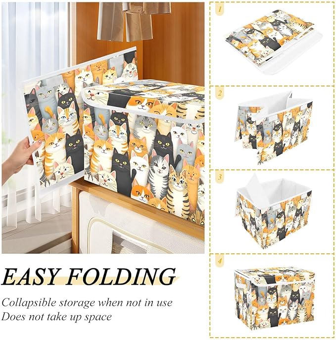 Group Of Cats Storage Cube Bins Basket with Lid Collapsible Flip-top Fabric with Handle for Home Bedroom Closet Office 16.5×12.6×11.8 in