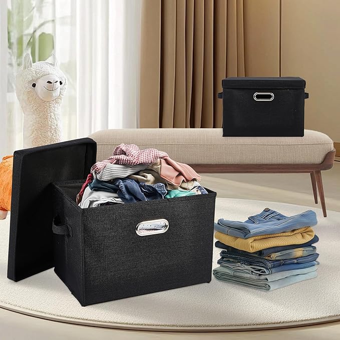 DAYARD Foldable Storage Boxes with Lids Linen Fabric Stackable Storage Bins Organizer Containers Baskets with Cover for Closet Office Nursery Black Extra Large