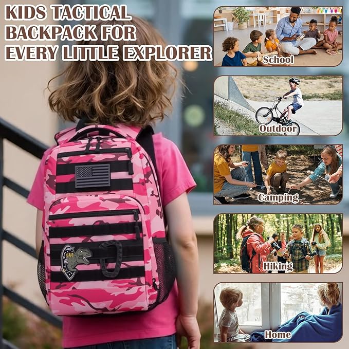 Kids Tactical Backpack Army Molle Bookbag Military Boys Backpack for School Outdoor Camping Pink CM