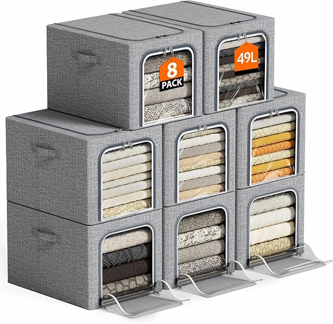 8 Pack Clothes Storage Bins with Metal Frame Foldable Clothing Storage Bins with Lids 49L Stackable Storage Box for Closet Fabric Organizer with Clear Window for Sweaters T-Shirts BeddingLight Grey