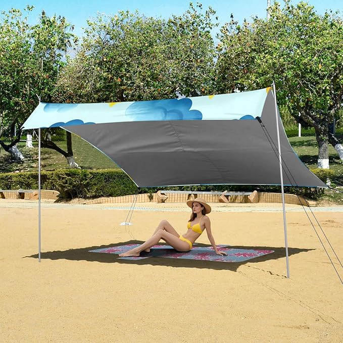 Beach Canopy with Windproof Ropes &amp Sandbags Beach Tent Sun Shade Sun Shelter for Camping Trips Fishing Backyard Fun or Picnics Cloud