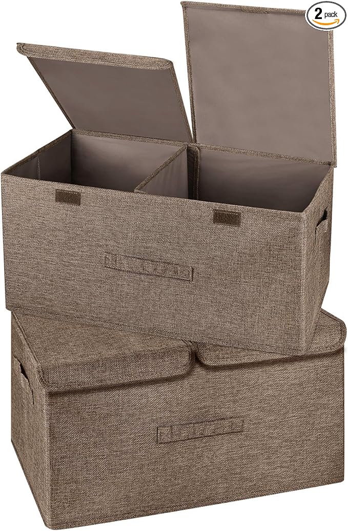 2 Pack Large Storage Boxes with Lids and Handles Collapsible Linen Storage Bins Organizer Containers Baskets Cube with Removable Divider for Home Bedroom Closet Office (Coffee Large)