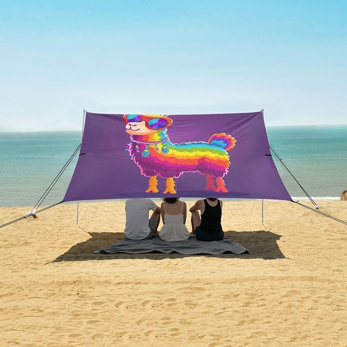 ALAZA Rainbow Color Llama Alpaca Beach Tent Sun Shelter UPF50+ Protection Beach Shade Canopy w/ 4 Sandbags for Outdoor Camping Fishing Backyard Fun Picnic 10x9 ft