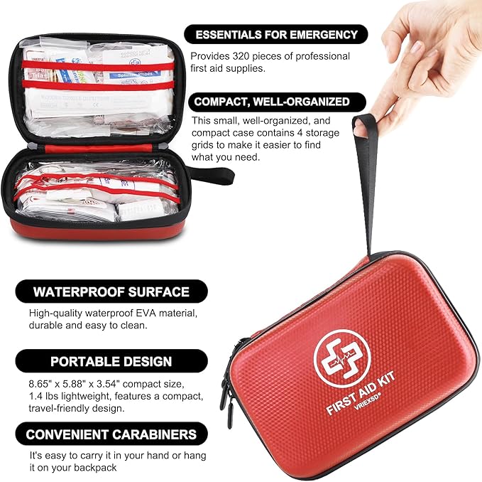 VRIEXSD Premium First Aid Kit 320 Piece Waterproof Hard Shell Eva First Aid Kit for Home Camping Cars Hiking Travel Businesses &amp Outdoor Emergencies - Emergency Medical Kits (Red)