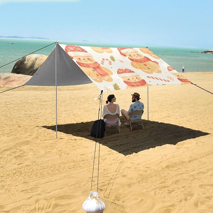 Lovely Christmas Gingerbread Man Beach Tent &amp Canopy UPF50+ Water-Resistant Large Portable Sun Shelter with Sandbags &amp Sand Shovel for Camping Picnics Backyard &amp Fishing