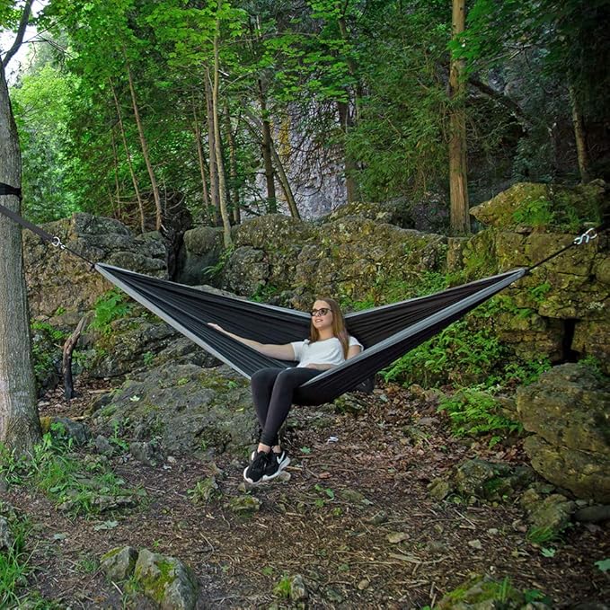 Vivere Double Parachute Camping Hammock Includes Stuff-Sack (Black/Grey)