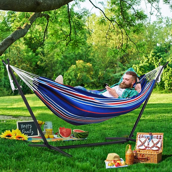 550lbs Capacity Double Hammock Adjustable Hammock Bed with 10ft Heavy Duty Steel Stand Includes Portable Carrying Case Easy Set up Blue Pinstrip B