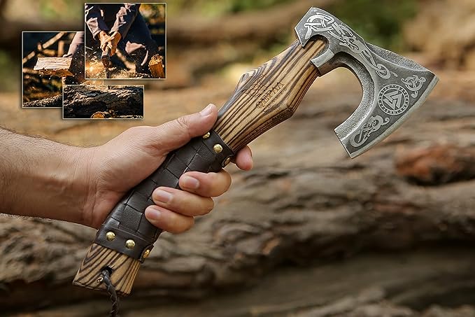 13” Inch Hand-Forged Viking Axe- Ash Wood Handle Hatchets and Axes with Leather Wrap Wood Splitting Axe Camping Axe Throwing Axes and Tomahawks - Gift for Him (Valknut)