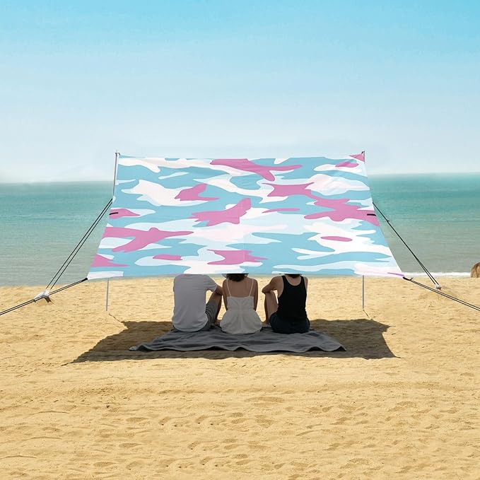 Sky Blue Foldable Beach Canopy UPF50+ Lightweight Portable Sun Shelter with Sandbags &amp Sand Shovel for Backyard and Camping