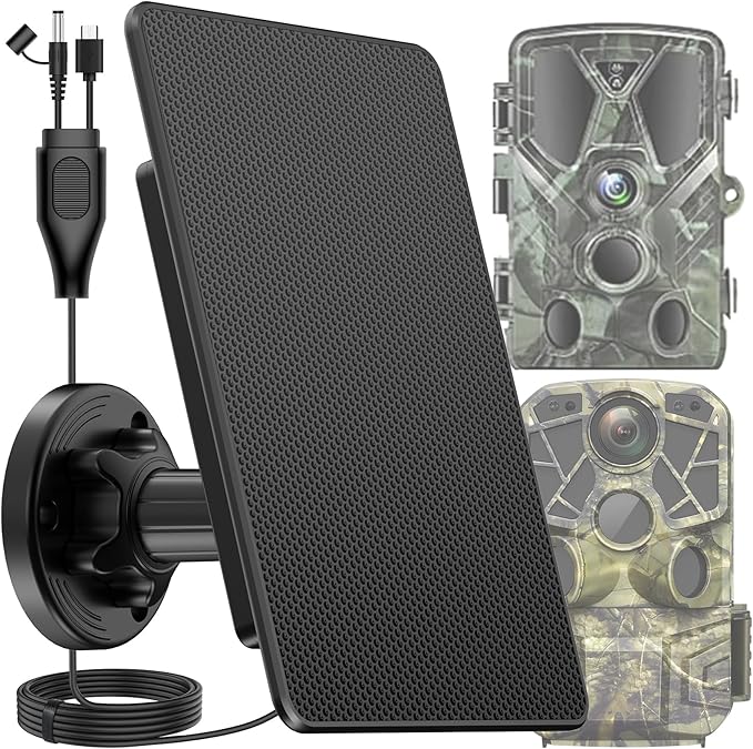 Solar Panel for Trail Cameras Built-in 5000mAh Large-Capacity Rechargeable Battery Trail Camera Solar Panel Solar Battery Charger Kit with Type C/5V DC/6V Output Suitable for Most Trail Cameras