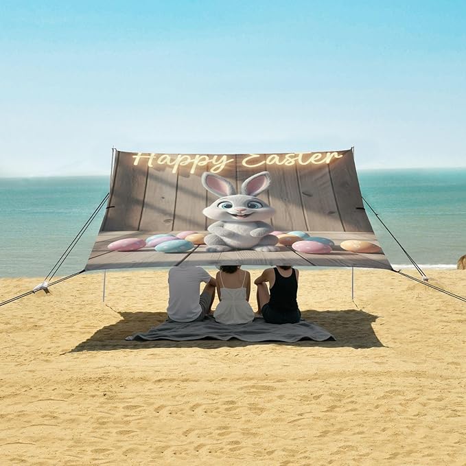 Beach Canopy with Windproof Ropes &amp Sandbags Beach Tent Sun Shade Sun Shelter for Camping Trips Fishing Backyard Fun or Picnics Happy Easter