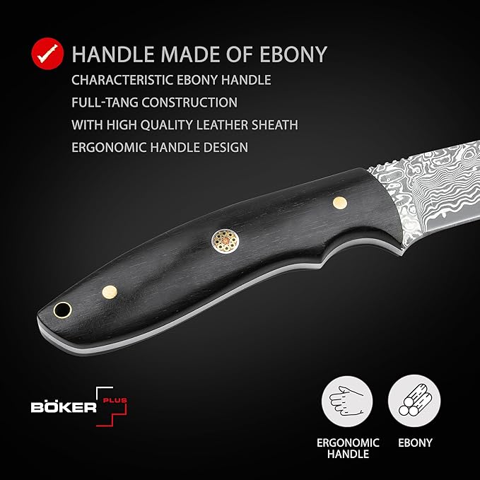 BOKER MAGNUM® Vernery Damascus Knife - Fixed Blade Hunting Knife with 67-Layer Damascus Blade – Ebony Wood Handle – Includes Black Leather Sheath