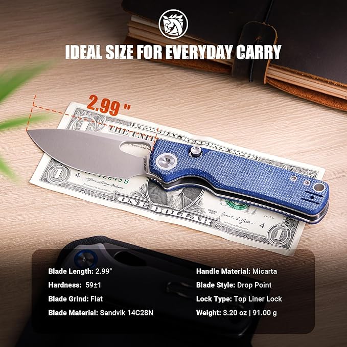 Vosteed Porcupine EDC Pocket Knife Lightweight Folding knife - 2.99 14C28N Steel Blade Thumb hole Blue Micarta Handle Top Liner Lock Knives for Camping Survival - A2605