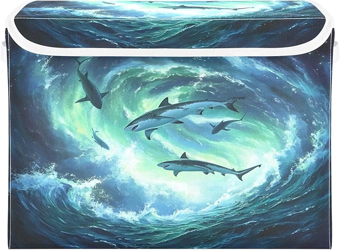 MNSRUU Containers Baskets with Lids Aurora Shark Fabric Foldable Storage Bins Organizer with Lid Collapsible Storage Boxes for Home Bedroom Closet Office