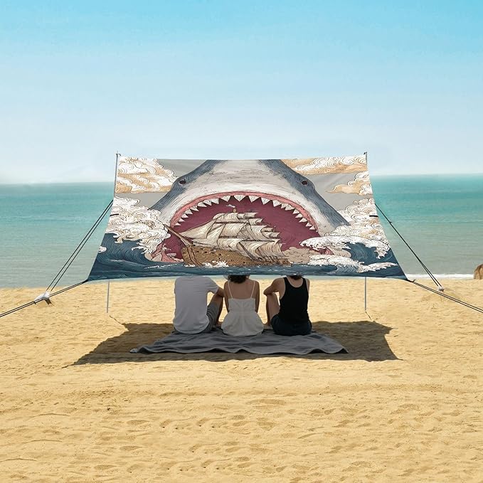 ALAZA Shark Wave Sailboat Beach Tent Sun Shelter Portable Canopy Sunshade for Outdoor Camping Picnics Backyard Fun 10x9 ft