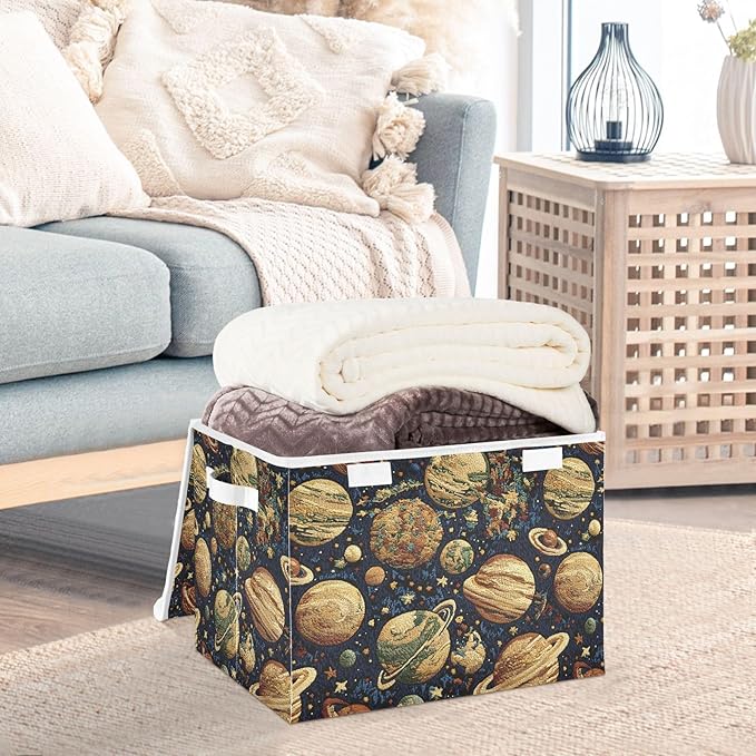 Storage Cube with Lid Embroidery Planet Print 16.5×12.6×11.8 IN Collapsible Large Capacity Foldable Storage Basket Bin Organizer